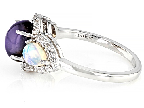8x6mm Violet Aurora Moonstone With Ethiopian Opal & 0.77ctw White Zircon Rhodium Over Silver Ring - Size 7