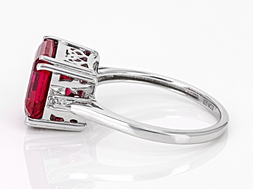 5.27ctw Asscher Cut Lab Created Ruby with 0.06ctw White Zircon Rhodium Over Sterling Silver Ring - Size 6