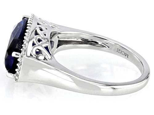5.30ct Lab Created Sapphire with 0.21ctw White Zircon Rhodium Over Sterling Silver Ring - Size 6