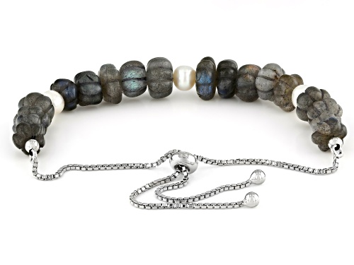 6-8mm Gray Labradorite with Cultured Freshwater Pearl Rhodium Over Sterling Silver Bolo Bracelet