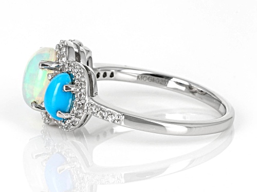 Ethiopian Opal with Sleeping Beauty Turquoise & 0.34ctw White Zircon Rhodium Over Silver Ring - Size 7