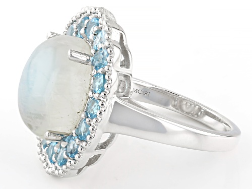 12x10mm Rainbow Moonstone with 1.22ctw Swiss Blue Topaz Rhodium Over Sterling Silver Ring - Size 8