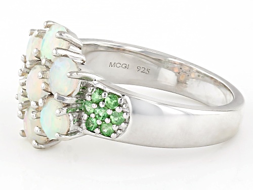 0.95ctw Round Ethiopian Opal With 0.35ctw Round Tsavorite Rhodium Over Sterling Silver Ring - Size 6