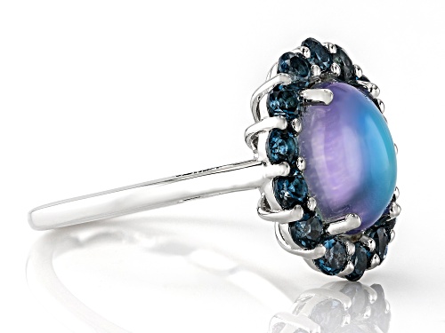 10x8mm Aurora Moonstone With 0.88ctw London Blue Topaz Rhodium Over Sterling Silver Ring - Size 7