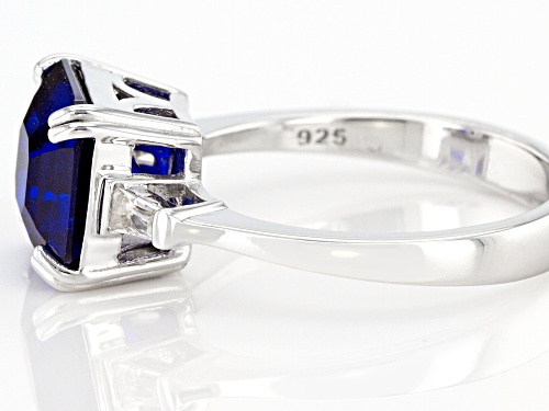 3.61ct Asscher cut Lab Blue Spinel And 0.14ctw Lab White Sapphire Rhodium Over Sterling Silver Ring - Size 9