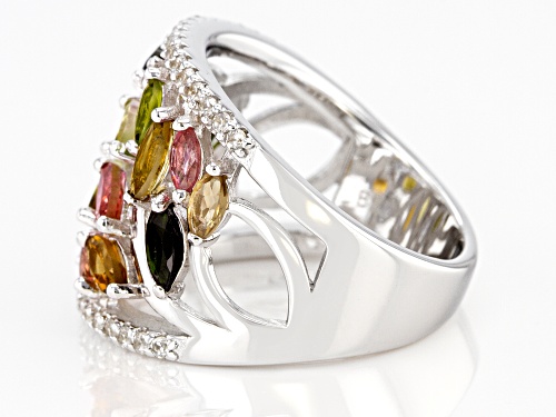 1.79ctw Marquise Multi-Tourmaline with .51ctw White Zircon Rhodium Over Sterling Silver Ring - Size 7