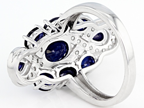 4.17ctw Oval & Pear Shape Blue Sapphire With .14ctw Zircon Rhodium Over Silver Ring - Size 8