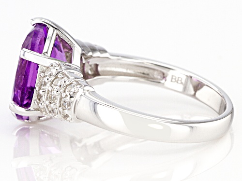 3.49CT AMETHYST WITH .38CTW WHITE ZIRCON RHODIUM OVER STERLING SILVER RING - Size 8