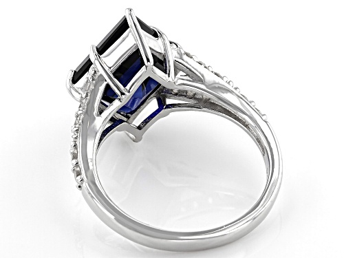 6.33ct Lozenge Lab Created Blue Sapphire with .61ctw Round White Zircon Rhodium Over Silver Ring - Size 8