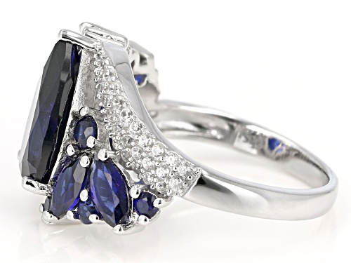 4.40CTW MIXED SHAPE LAB CREATED BLUE SAPPHIRE WITH .38CTW WHITE ZIRCON RHODIUM OVER SILVER RING - Size 8