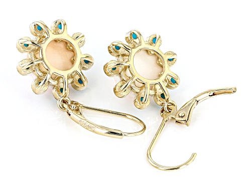 10mm Pink Carved Conch Shell With 2mm Round Sleeping Beauty Turquoise 18k Gold Over Silver Earrings