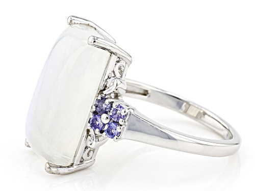 16x8mm Baguette Cabochon Rainbow Moonstone With 0.32ctw Tanzanite Rhodium Over Sterling Silver Ring - Size 7