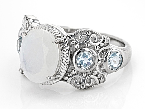 10x8mm Oval Rainbow Moonstone With 0.71ctw Glacier Topaz™ Rhodium Over Sterling Silver Ring - Size 7