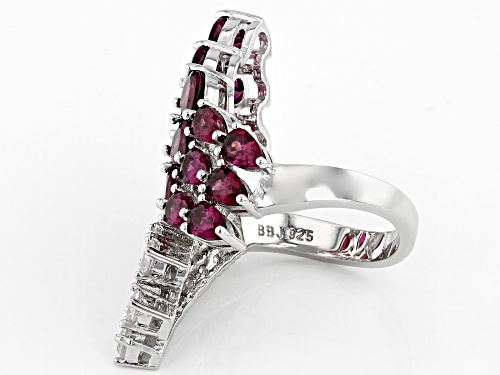 4.66ctw Pear shaped Raspberry Color Rhodolite and 2.13ctw White Zircon Rhodium Over Silver Ring - Size 7
