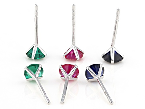 2.89ctw Round Lab Created Ruby, Emerald & Sapphire Rhodium Over Sterling Silver Set of 3 Earrings