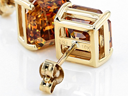 6.98ctw Asscher Cut Champagne Strontium Titanate 10K Yellow Gold Earrings.