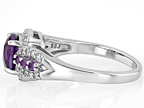 1.30ct Cushion And 0.15ctw Round African Amethyst With .24ctw White Zircon Rhodium Over Silver Ring - Size 9