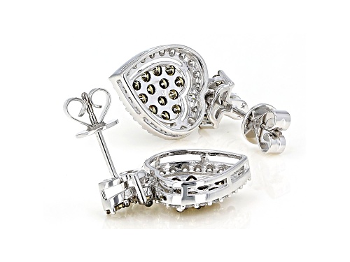 1.49ctw Round Champagne And White Lab-Grown Diamond 14k White Gold Heart Cluster Earrings