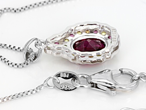1.32ctw Raspberry Color Rhodolite, 15ctw Sapphire & .04ctw Tsavorite silver pendant with chain