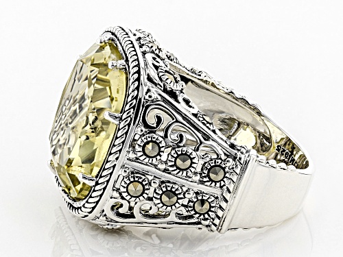 9.71ct square cushion canary yellow quartz with round marcasite sterling silver ring - Size 7