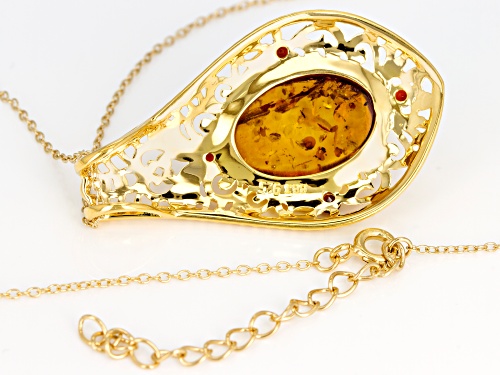 18X13MM OVAL AMBER WITH .17CTW VERMELHO GARNET™ 18K GOLD OVER STERLING SILVER PENDANT WITH CHAIN