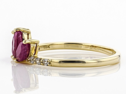 .76ctw Marquise Ruby and .10ctw Round White Zircon 10k Yellow Gold 3-Stone Ring - Size 7