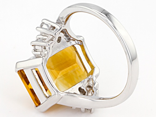 6.01ct Emerald Cut Brazilian Citrine With .50ctw Round White Zircon Sterling Silver Ring - Size 8