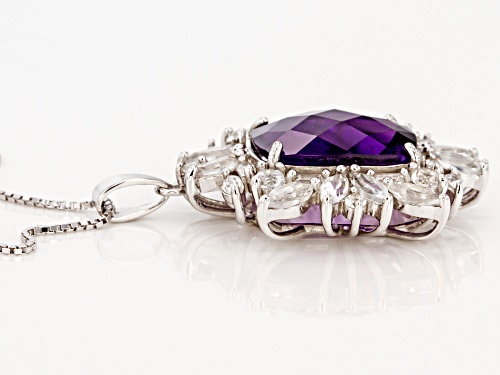 7.39CT RECTANGULAR CUSHION AFRICAN AMETHYST WITH 3.68CTW WHITE TOPAZ SILVER PENDANT WITH CHAIN