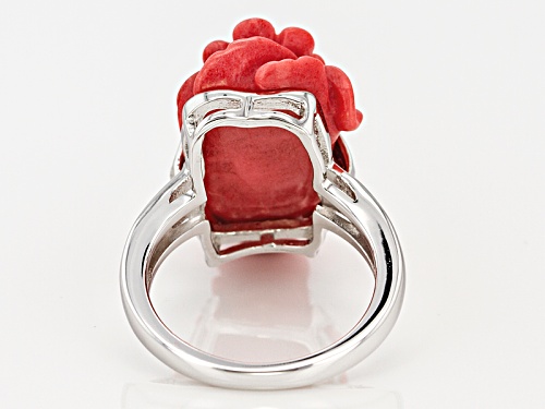 25x15mm Three Fancy Carved Red Coral Flowers Sterling Silver Ring - Size 8