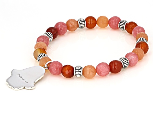 Artisan Collection Of Morocco™ Pink, Peach, And Red Onyx Bead Silver Hamsa Hand Stretch Bracelet