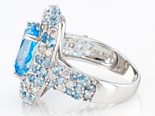 5.47ctw Rectangular Cushion & Round Swiss Blue Topaz, .88ctw Diamond Rhodium Over Silver Ring - Size 10