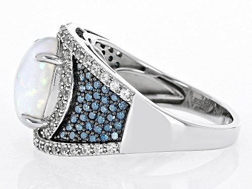 2.00ct Ethiopian Opal with 0.42ctw Blue Diamond and White Zircon Rhodium Over Sterling Silver Ring - Size 5