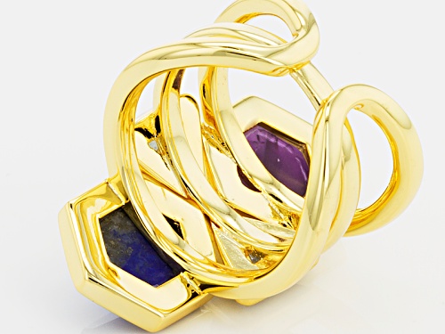 Moda Di Pietra™ Lapis, 7.50ctw Blue Topaz,Aquamarine & Amethyst 18k Gold Over Bronze Ring & Guard - Size 8