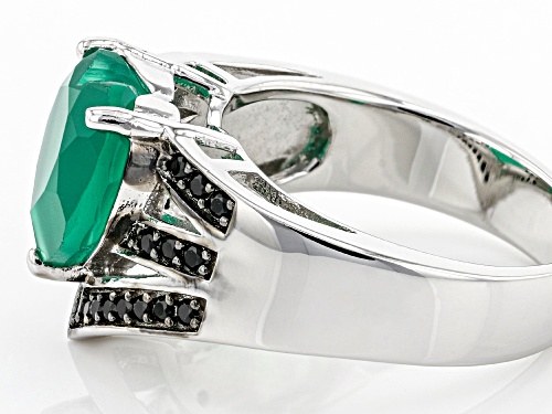 2.98ct Heart Shape Green Onyx With 0.23ctw Black Spinel Rhodium Over Sterling Silver Ring - Size 7