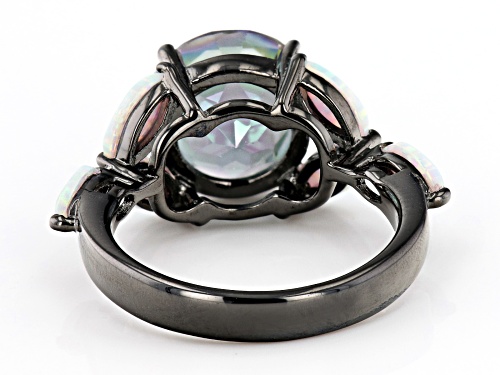 3.29ct Round Multi Color Quartz With 6x3mm Marquise Lab Created Opal Black Rhodium Over Silver Ring - Size 9