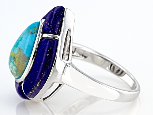 12x8mm Pear Shape Turquoise and Lapis Rhodium Over Sterling Silver Ring - Size 9