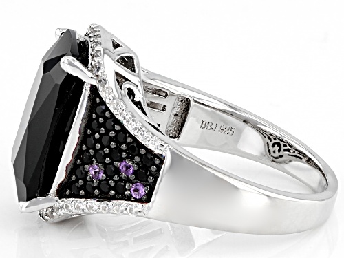 7.46ctw Black Spinel, 0.05ctw Amethyst and 0.32ctw White Zircon Rhodium Over Sterling Silver Ring - Size 7