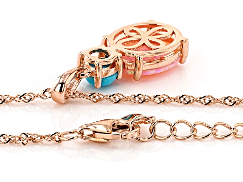 12x10mm Lab Created Pink Opal With 5mm Turquoise 18k Rose Gold Over Silver Pendant With Chain