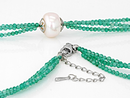 2-2.5mm Green Onyx With 12mm Cultured Freshwater Pearl Rhodium Over Sterling Silver Necklace - Size 18