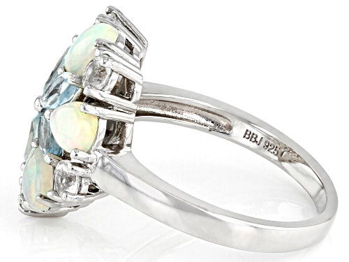 .98ctw Ethiopian Opal With .72ctw Glacier Topaz™ & .60ctw White Topaz Rhodium Over Silver Ring - Size 7