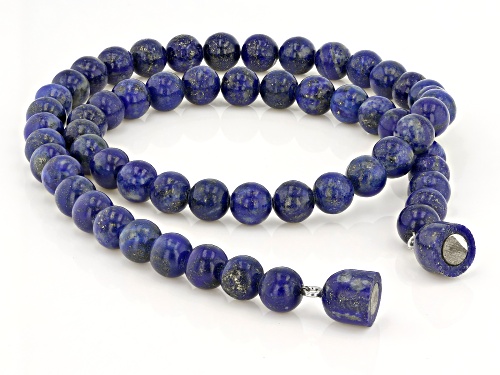 8 -8.5mm Round And 10x9mm Fancy Lapis Lazuli Rhodium Over Sterling Silver Beaded Necklace