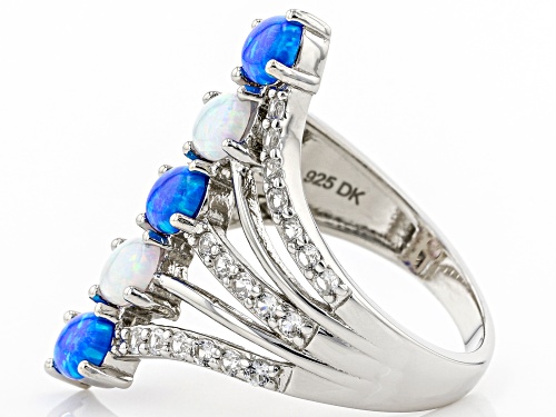 6X4mm Lab Blue Opal & White Lab Opal With .61ctw Lab Sapphire Rhodium Over Silver Ring - Size 7