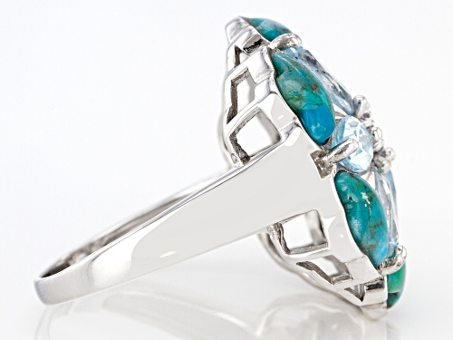 2.41ctw Mixed shapes Glacier Topaz™ With 7x5mm Freeform Turquoise Rhodium Over Silver Ring - Size 7