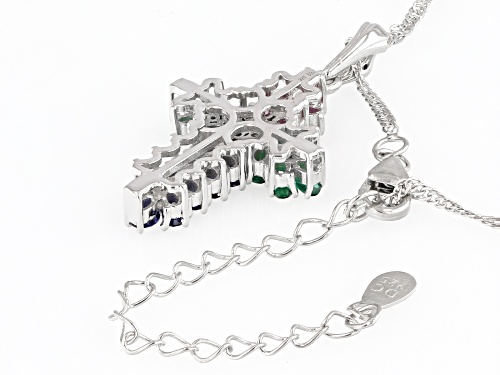 1.52ctw Lab Ruby, Lab Emerald With Multi Lab Sapphire Rhodium Over Silver Cross Pendant/Chain