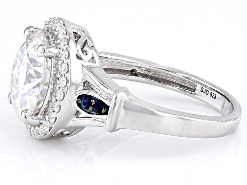 MOISSANITE FIRE® 4.39CTW DEW ROUND INFERNO CUT™ & BLUE SAPPHIRE PLATINEVE® RING - Size 6