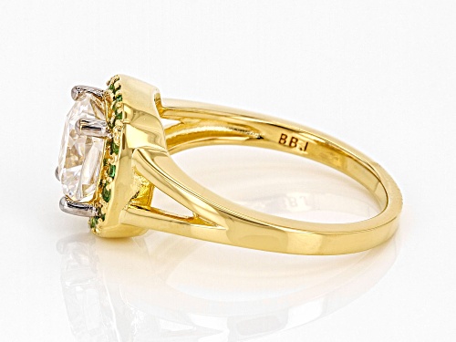 MOISSANITE FIRE® 2.00CT DEW CUSHION CUT & ROUND TSAVORITE 14K YELLOW GOLD OVER SILVER RING - Size 7