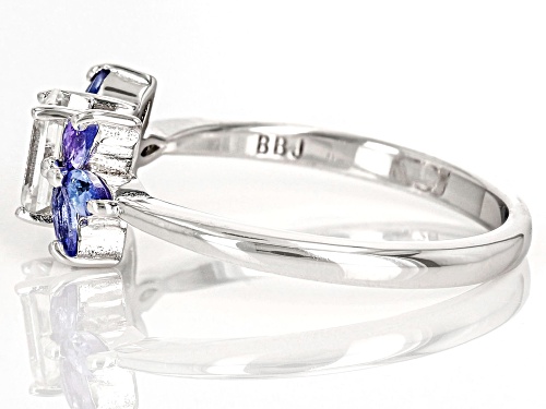 MOISSANITE FIRE® .58CT DEW EMERALD CUT & MARQUISE TANZANITE PLATINEVE® RING - Size 9