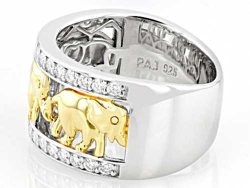 MOISSANITE FIRE® .64CTW DEW ROUND PLATINEVE® & 14K YELLOW GOLD OVER SILVER ELEPHANT RING - Size 6
