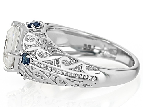 MOISSANITE FIRE® 1.85CT DEW ASSCHER CUT WITH ROUND BLUE SAPPHIRE PLATINEVE® RING - Size 6