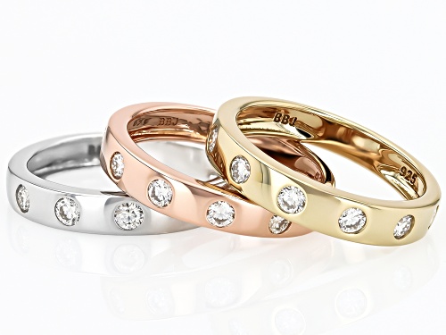 MOISSANITE FIRE® 0.90CTW DEW PLATINEVE® AND 14K YELLOW AND ROSE GOLD OVER SILVER SET OF 3 RINGS - Size 7
